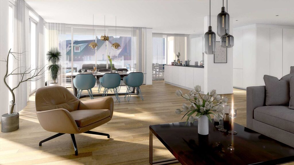 Contemporary open-concept living and dining area with modern furnishings, large windows, cozy armchair, blue dining chairs, and a minimalist kitchen with white cabinetry.