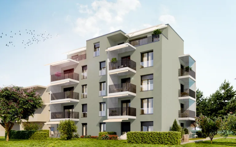 A digital visualization of a modern apartment building with floor-to-ceiling windows showcasing stunning city views, and a landscaped rooftop terrace complete with lounge chairs and planters.