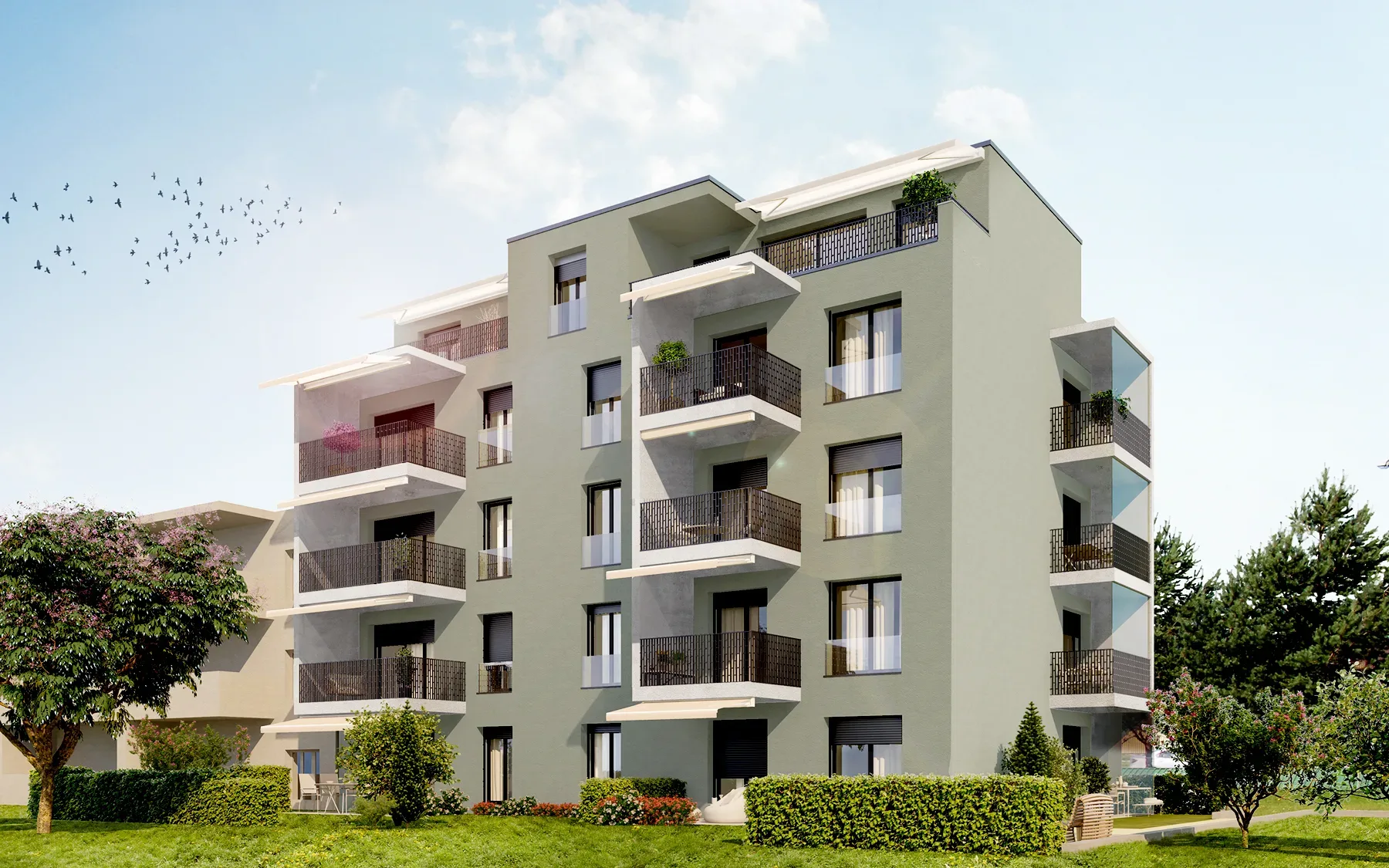 A digital visualization of a modern apartment building with floor-to-ceiling windows showcasing stunning city views, and a landscaped rooftop terrace complete with lounge chairs and planters.