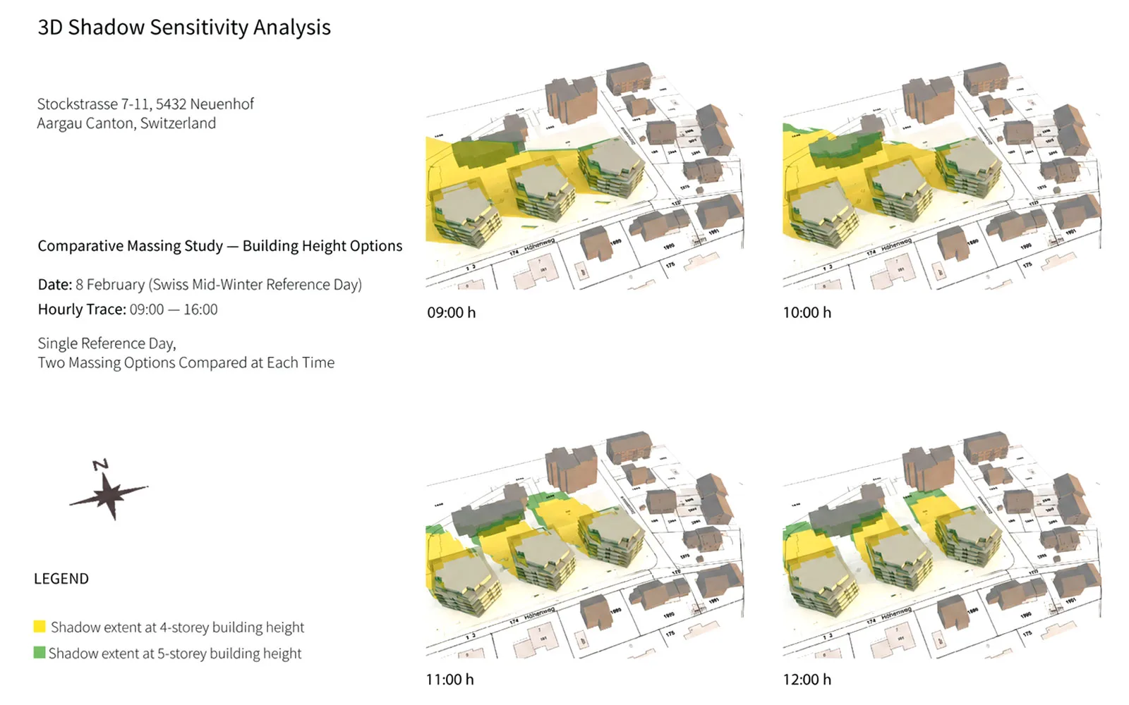 3D shadow sensitivity analysis comparing two building height options at Stockstrasse 7-11, Neuenhof, Switzerland